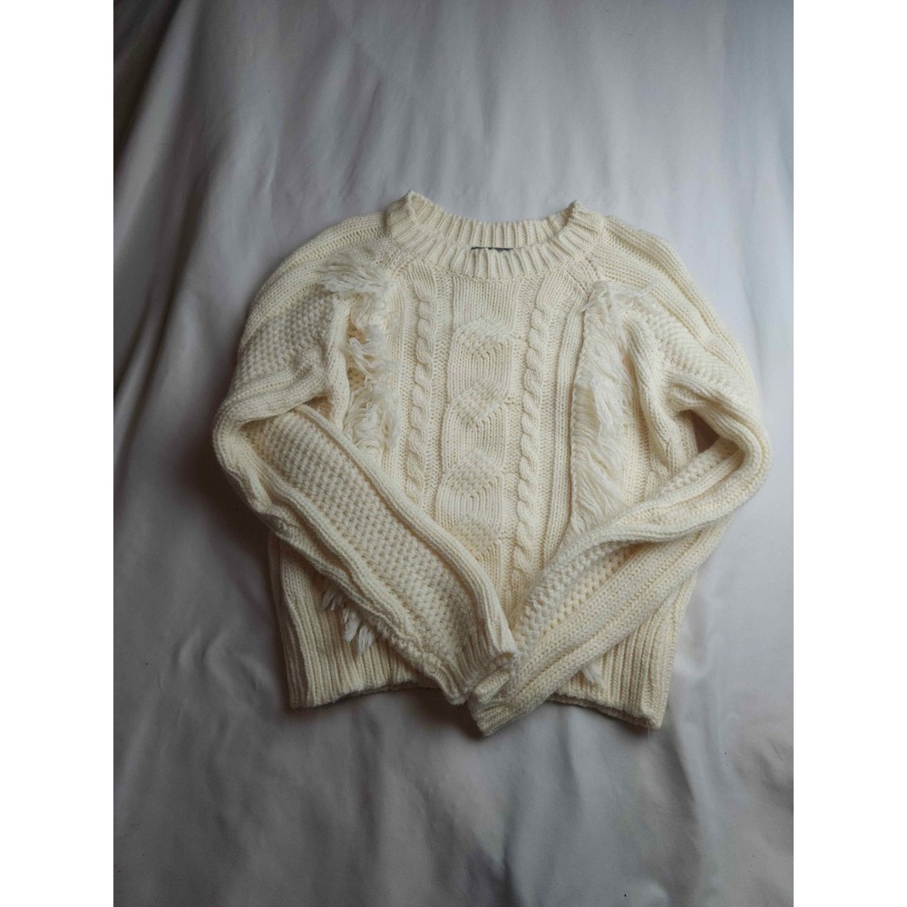 Elsamanda Italy Wool Alpaca Blend Cable Knit Fringe Sweater Cream Mens Medium